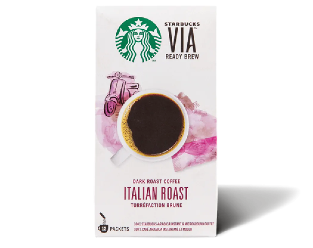 A close up photo of our Italian Roast coffee Starbucks VIA™ Ready Brew packaging