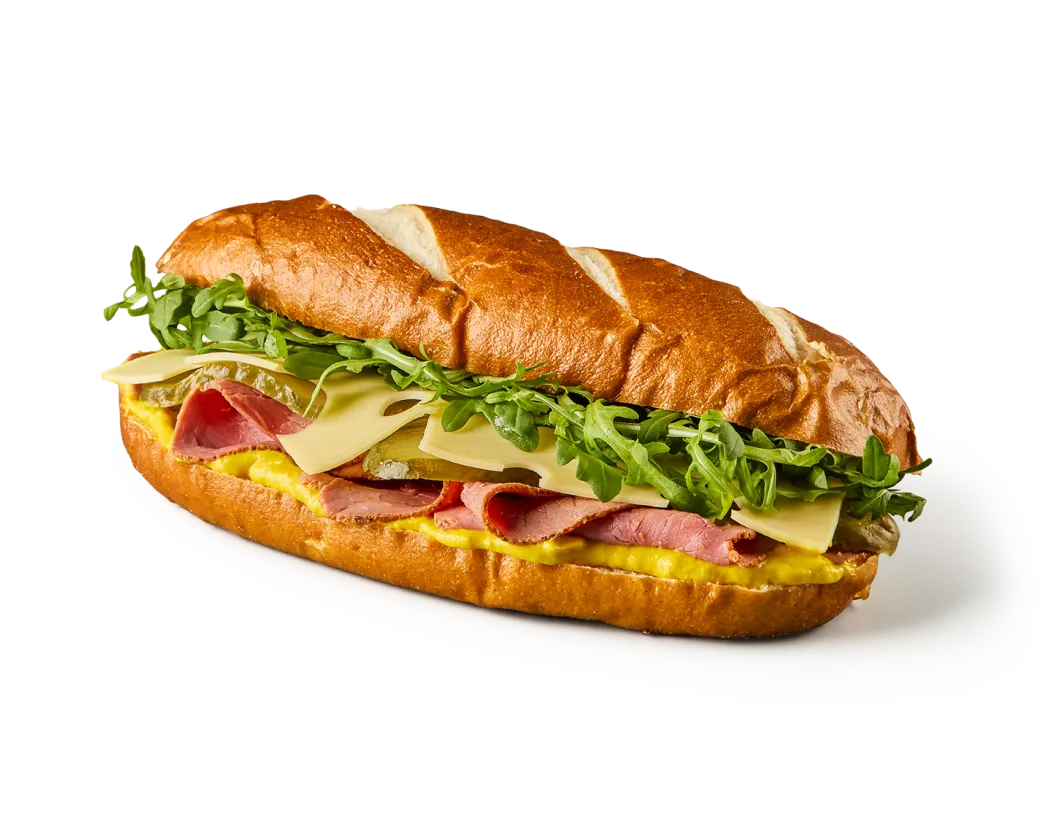A photo of our new pretzel baguette, showcasing the layers of ingredients.