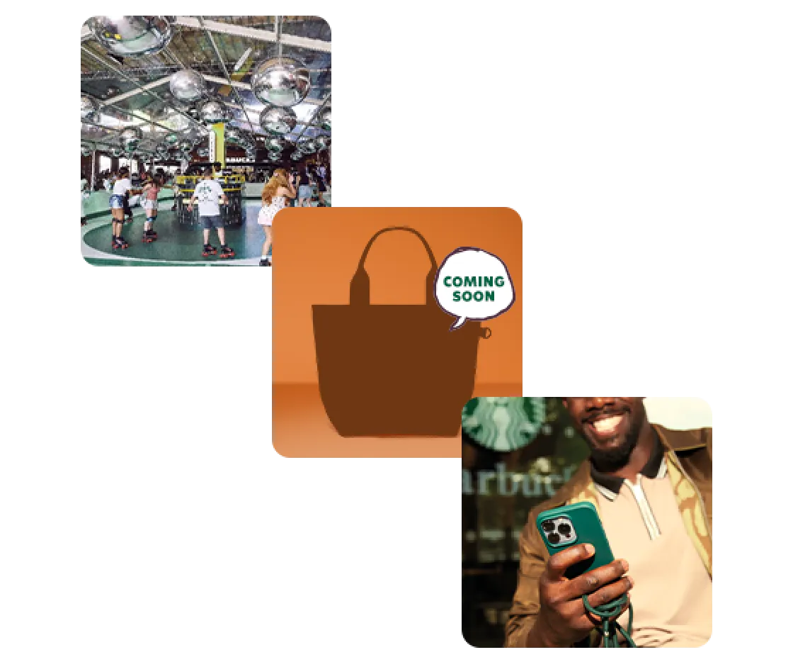A collage of photos showing Starbucks events and exclusive merchandise as examples of what you'll have access to