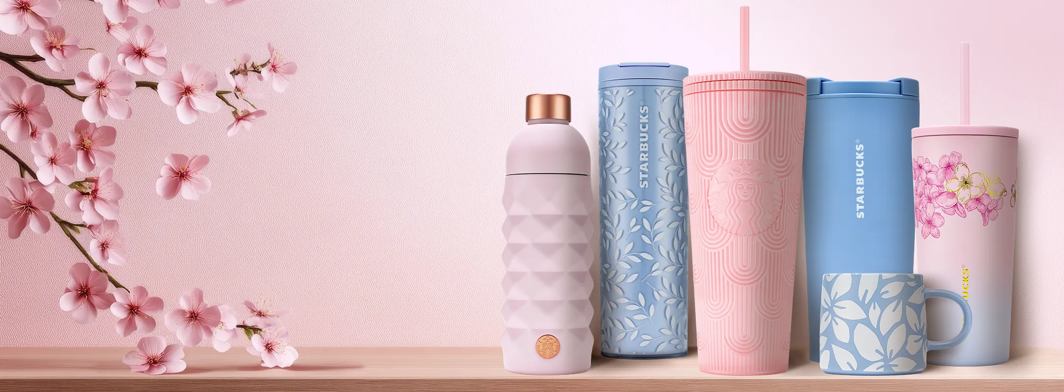 A selection of our new Spring 2026 Sakura merchandise on a pale pink background