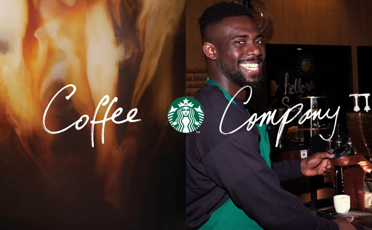 One side shows an iced coffee, with milk swirling into black coffee, and the other shows a smiling starbucks barista looking back into the camera, wearing his green apron.