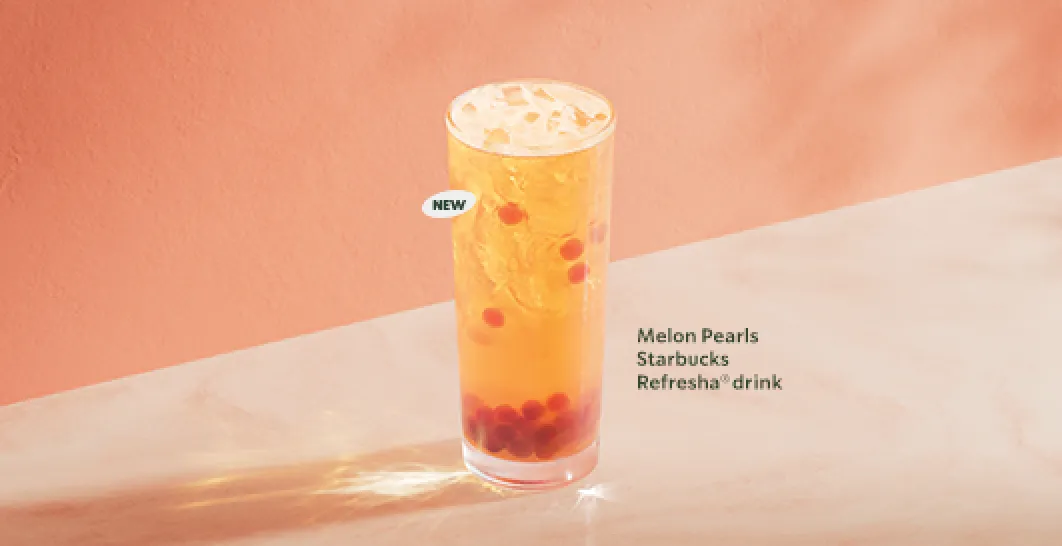 Brand new - introducing the Melon Pearl Refresha® drink, Our new sweet melon flavour Refresha® drink base poured over ice and combined with juicy pops of melon flavour pearls.