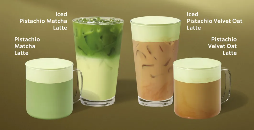 A photo of our pistachio velvet lattes, and new pistachio matcha lattes - both hot and iced, on a background of green.