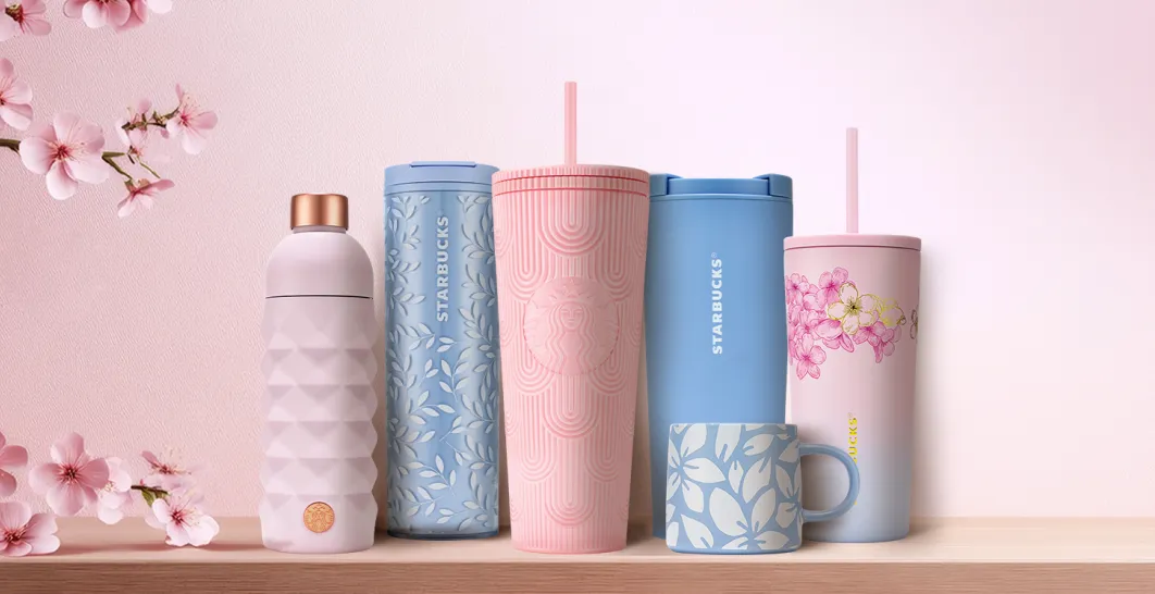 A selection of our new Spring 2026 Sakura merchandise on a pale pink background