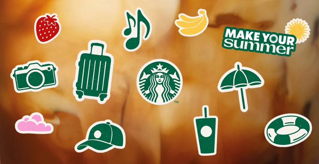 An image showing random sticker style illustrations of vaious summer themed items, on top of an iced coffee close up background.