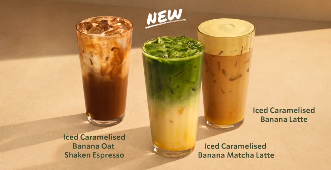 The new Caramelised Banana range, showing the items in glasses on a brown table. 